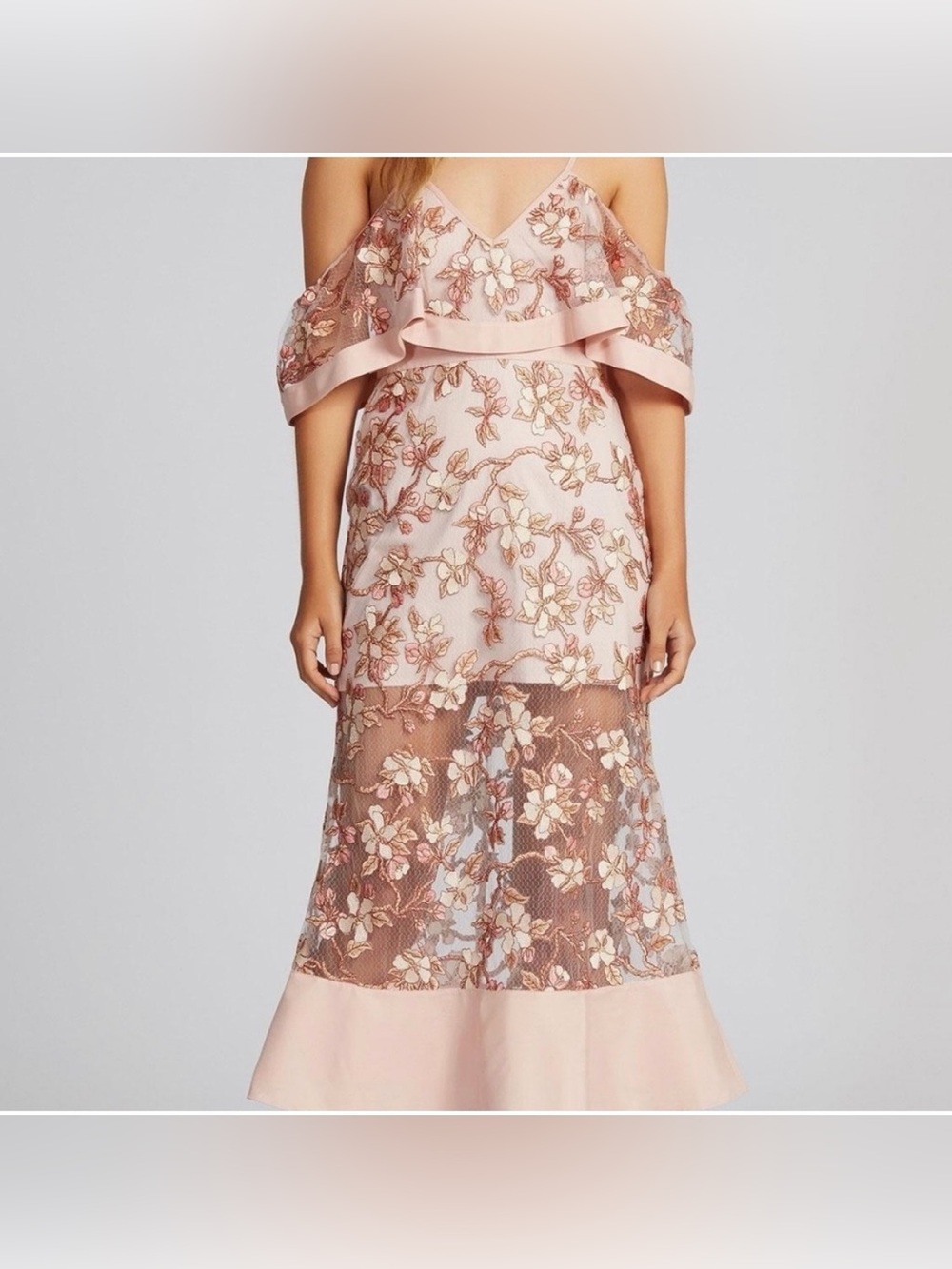 VENUS Blush Pink Floral Embroidered Cold-Shoulder Midi Dress